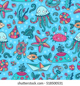 Sea Creatures vector seamless pattern. Good for textile fabric design, wrapping paper and website wallpapers. Vector illustration.