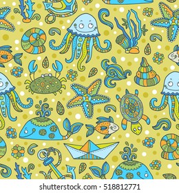 Sea Creatures vector seamless pattern. Good for textile fabric design, wrapping paper and website wallpapers. Vector illustration.