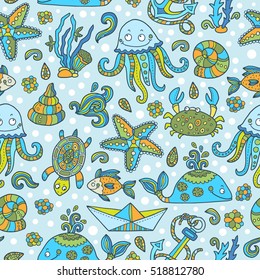 Sea Creatures vector seamless pattern. Good for textile fabric design, wrapping paper and website wallpapers. Vector illustration.