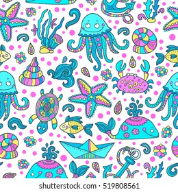Sea Creatures vector seamless pattern. Good for textile fabric design, wrapping paper and website wallpapers. Vector illustration. Extremely bright acid colors. Pink, yellow, cyan.