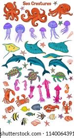 Sea creatures. Vector set of cartoon characters.