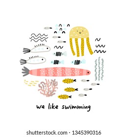 ?ute sea creatures. We like swimming lettering. Baby design for birthday invitation or baby shower, poster, clothing, nursery wall art and postcard.