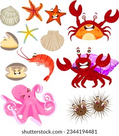 Sea creatures which lives at seashore. Clipart collection for summer vibes