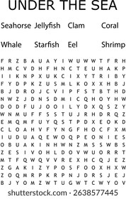 Sea creatures word search puzzle featuring seahorse jellyfish clam coral and more