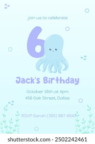 Sea creature-themed sixth birthday invite for kids. Fun postcard with a friendly blue octopus in soft underwater colors.