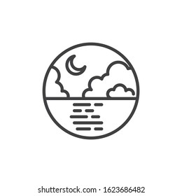 Sea and crescent moon line icon. linear style sign for mobile concept and web design. Night sky clouds and moon over the sea outline vector icon. Symbol, logo illustration. Vector graphics