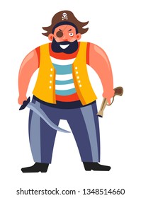 Sea criminal pirate with eye patch gun and sword aggressive isolated vector male character fat bearded man with pistol and knife jolly roger skull and bones on hat furious mariner nautical ship robber