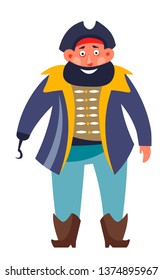 Sea criminal pirate with eye patch gun and sword aggressive isolated vector male character fat bearded man with pistol and knife jolly roger skull and bones on hat furious mariner nautical ship robber