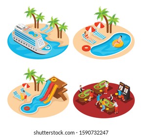 Sea cruise 2x2 design concept set of four isometric compositions with liner, south landscapes palm trees and swimming pools vector illustration 