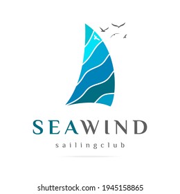 Sea cruise abstract logo,ship business icon,sign ocean liner voyage travel,symbol boat and royal yacht club graphic design template on the waves blue lines background.Vector isolated illustration.