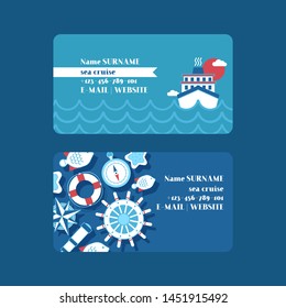 Sea cruise adventure set of business cards vector illustration. Nautical collection of things such as ship wheel, spyglass, compass, lifeline. Marine equipment on blue background.