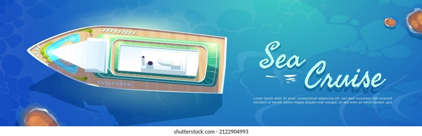 Sea cruise cartoon banner with liner in ocean top view, modern white ship, luxury sailboat in sea with clean blue water and rocks. Passenger vessel on aquatic surface, summer trip, Vector illustration