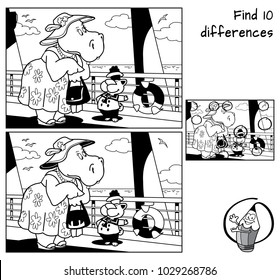 Sea cruise. Find 10 differences. Educational game for children. Black and white cartoon vector illustration