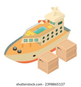 Sea cruise icon isometric vector. Large cruise ship and two closed parcel box. Travel, summer vacation, tourism
