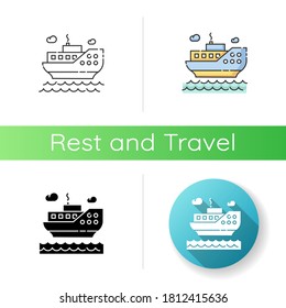 Sea cruise icon. Linear black and RGB color styles. Nautical tourism, holiday voyage, sailing. Luxurious journey, vacation on ocean liner. Large passenger ship isolated vector illustrations