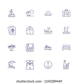 Sea cruise icons. Set of line icons. Passport, beach, palm, hotel. Summer resort concept. Vector illustration can be used for topics like vacation, travel, tourism