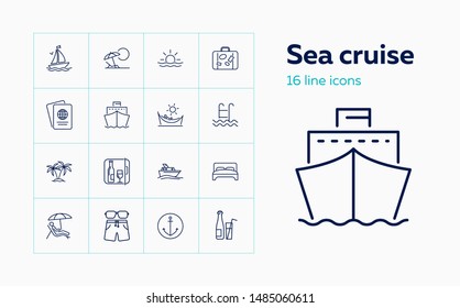Sea cruise icons. Set of line icons. Passport, beach, palm, hotel. Summer resort concept. Vector illustration can be used for topics like vacation, travel, tourism