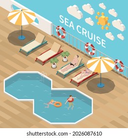 Sea cruise isometric colored composition tourists relaxing and sunbathing on deck chairs near the pool vector illustration