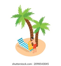 Sea cruise isometric composition with beach scenery palm trees and lounge chair with human character vector illustration