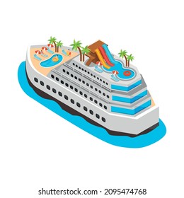 Sea cruise isometric composition with view of sea vessel with aquapark facilities water slides and lounge chairs vector illustration