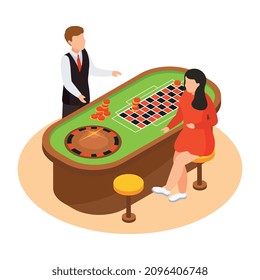 Sea cruise isometric composition with view of casino table with roulette dealer and female player vector illustration
