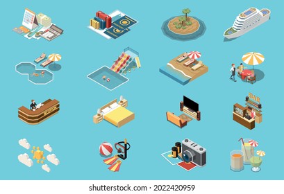 Sea cruise isometric icon set with different attributes passports reception pool bar cabin vector illustration