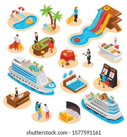 Sea cruise isometric icons set of aqua park elements ship hotel reception vector illustration 