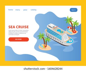 Sea cruise isometric landing page with map of sea coast price and catalog headings vector illustration 