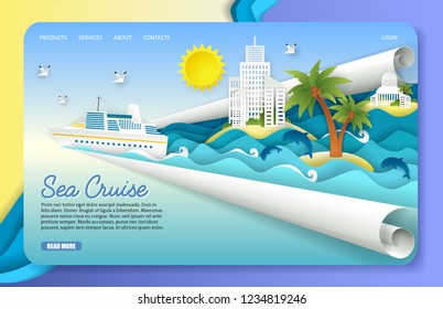 Sea cruise landing page website template. Vector paper cut cruise liner floating on ocean waves, dolphins, seagulls, islands, tourist resorts. Sea voyage concept.