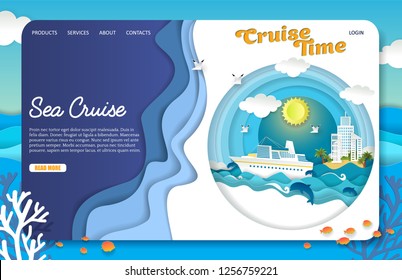 Sea cruise landing page website template. Vector paper cut cruise liner floating on ocean waves, dolphins, seagulls, islands, tourist resorts. Sea travel, cruise time concept.