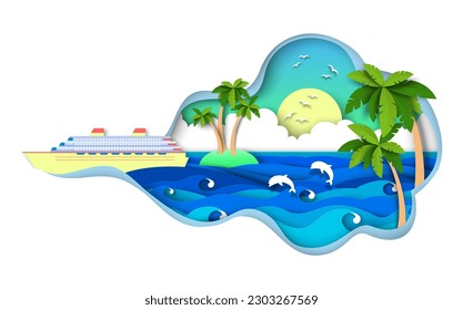 Sea cruise liner in ocean over tropical island with palm trees and dolphins swimming background. Passenger vessel luxury sailboat floating on water surface at summer papercut vector illustration