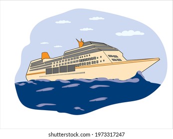 Sea cruise liner on the crest of a wave. Pleasure boat in sunlight on the water.