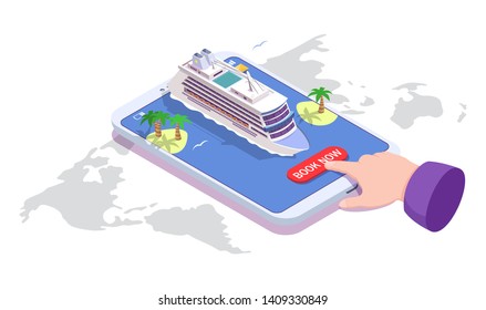 Reserva online de cruceros marítimos. Teléfono inteligente vectorial isométrico con liner de pasajeros, islas con palmeras y mano humana pulsando ahora botón de libro. Ofertas de cruceros, concepto de viaje para banner web, página web.