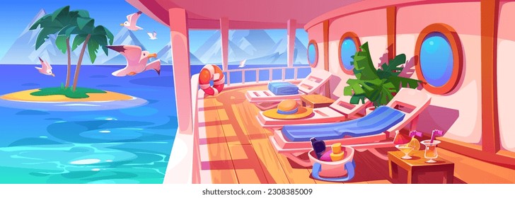 Sea cruise ship deck with bird and island view cartoon vector background. Ocean vacation scene on wooden embankment with railing. Summer trip in bay with empty outdoor lounge on boat for sunbathing