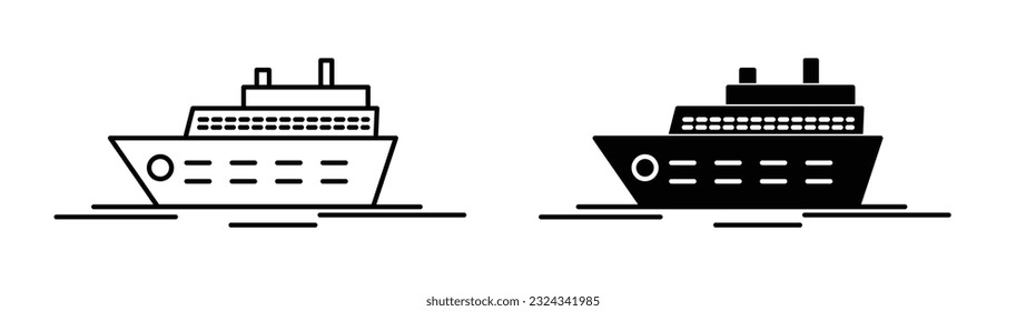 Sea cruise ship icon vector set. Cargo vessel icon set in filled and outlined style. Business trade shipment symbol. Marine naval boat icons.