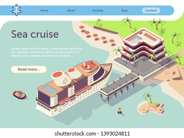 Sea Cruise Travel in Tropical Country by Ship. Summer Vacation Pleasure Voyage Presentation. Text Banner with Liner Arriving to Pier. Hotel and Beach with Palm Trees Landscape. Vector 3d Illustration