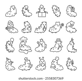 Sea cucumber set of charming and cheerful cute kawaii cartoon characters depicting various poses, emotions, and underwater marine themed designs for creative illustration purposes.