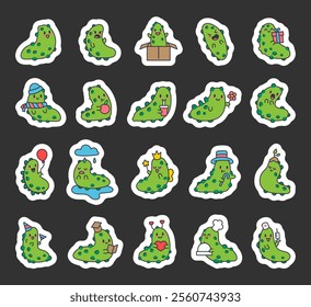 Sea cucumber set of charming and cheerful cute kawaii cartoon characters depicting various poses, emotions, and underwater marine themed designs for creative illustration purposes.