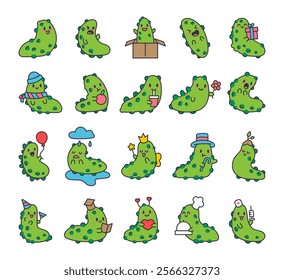 Sea cucumber set of charming and cheerful cute kawaii cartoon characters depicting various poses, emotions, and underwater marine themed designs for creative illustration purposes.