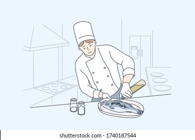 Sea, cuisine, cooking, fish concept. Young man or boy professional cooker chef cartoon character preparing salmon or trout at restaurant or cafe. Cooking healthy vegan or vegetarian food illustration.