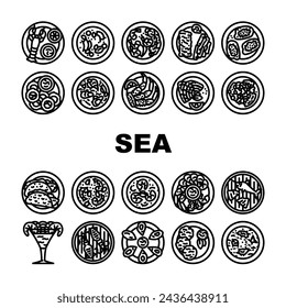 sea cuisine fish cook icons set vector. squid bbq, greek dish, restaurant frozen, culinary luxury, salmon oil plate sea cuisine fish cook black contour illustrations