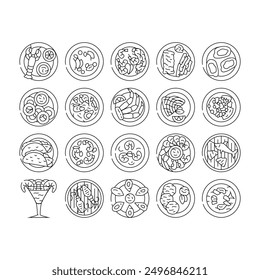 sea cuisine fish cook icons set vector. squid bbq, greek dish, restaurant frozen, culinary luxury, salmon oil plate sea cuisine fish cook black contour illustrations