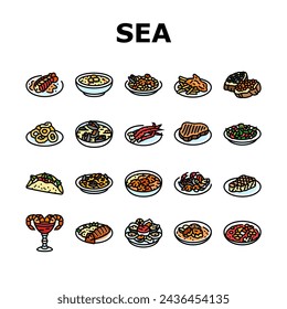 sea cuisine italian cook greece icons set vector. food seafood, chef sea, fish bbq, greek dish, salmon restaurant, frozen, culinary sea cuisine italian cook greece color line illustrations