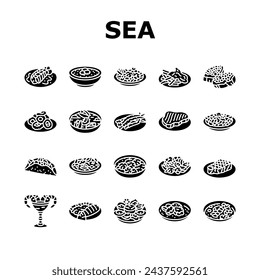 sea cuisine italian cook greece icons set vector. food seafood, chef sea, fish bbq, greek dish, salmon restaurant, frozen, culinary sea cuisine italian cook greece glyph pictogram Illustrations