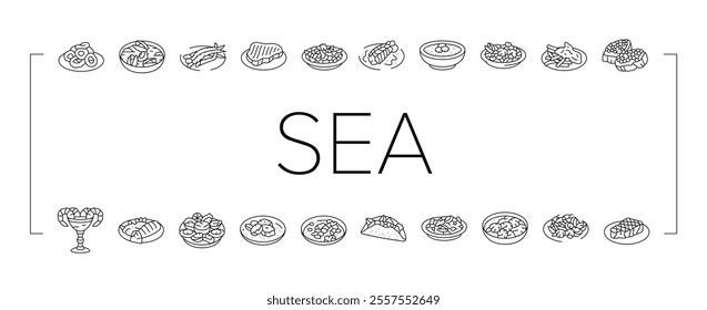 sea cuisine italian cook greece icons set vector. food seafood, chef sea, fish bbq, greek dish, salmon restaurant, frozen, culinary sea cuisine italian cook greece black contour illustrations