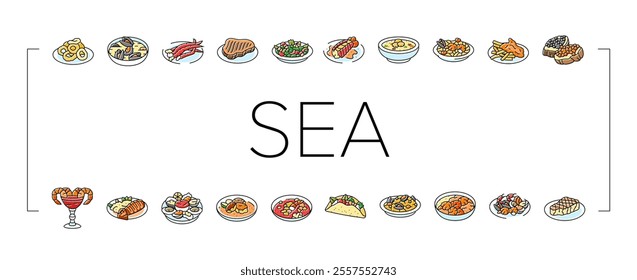 sea cuisine italian cook greece icons set vector. food seafood, chef sea, fish bbq, greek dish, salmon restaurant, frozen, culinary sea cuisine italian cook greece color line illustrations