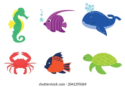 Sea cute animals. Fish, whale, turtle, seahorse, crab. Cartoon vector