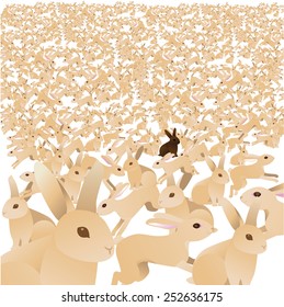 Sea Of Cute Bunnies With One Chocolate Brown Bunny. EPS 10 Vector Royalty Free Stock Illustration Greeting Card, Marketing, Blog, Invitation, Social Media, Illustrate Overpopulation, Individuality