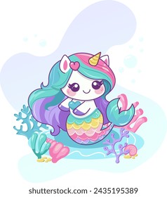 Sea cute cartoon unicorn. Mermaid, fish and seahorse character. Cartoon girl with mermaid tail, underwater coral and seashell. Mythical modern vector marine rainbow colors