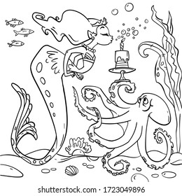 Sea cute mermaid, blowing on a birthday cake, that holds an octopus, black and white outline, doodle hand drawn stock vector illustration isolated on white background. Design for coloring book page